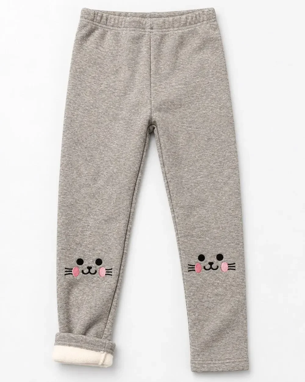 6x Gray fleece lined kids leggings with embroidered cat